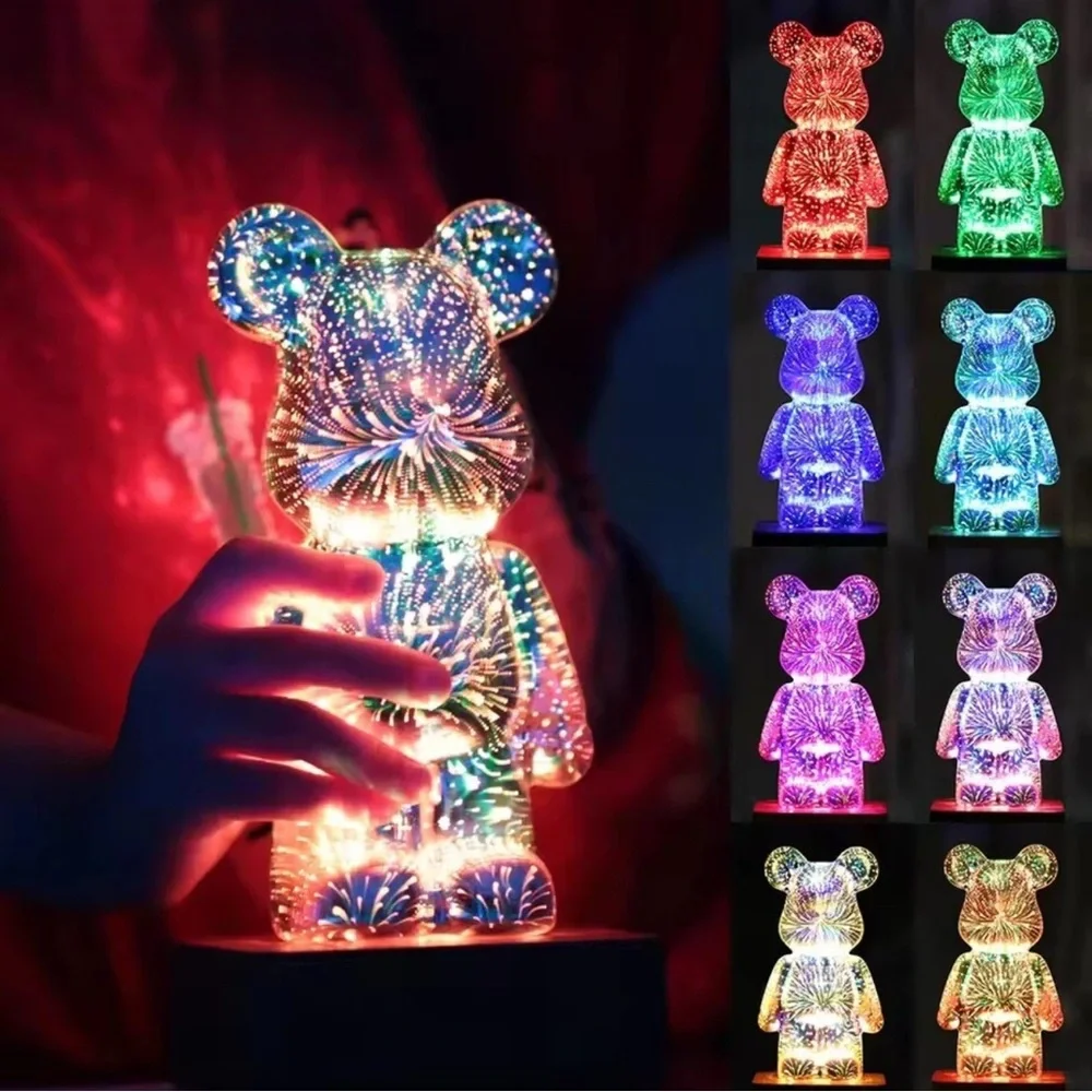 LED 3D Bear Firework Night Light USB Ambient Lamp for Kids, Bedroom, Gaming Deco